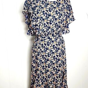 Blue floral Tiered ruffle Fairy Whimsy cottagecore Feminine Flowy Midi dress